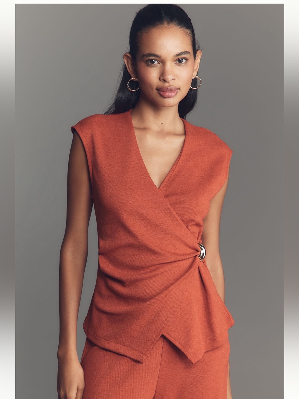 Maeve Coral-Red Wrap Tank with Gold Buckle